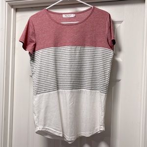 Small, color block, shirt.